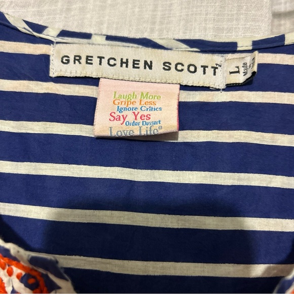 Gretchen Scott Navy White Orange embroidered Striped Top size L - Picture 3 of 7